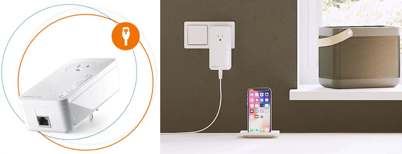 devolo Magic 2 LAN Adapter is plugged into a power outlet on the wall